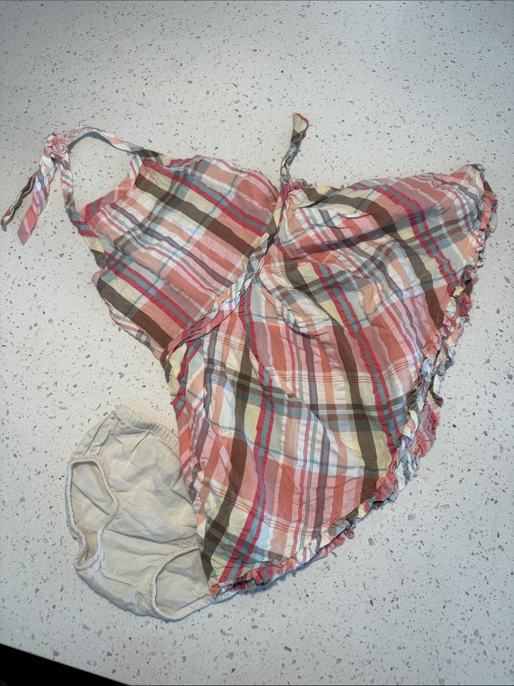18M Cherokee toddler girl's pink and tan plaid dress with a ruffled hem with und